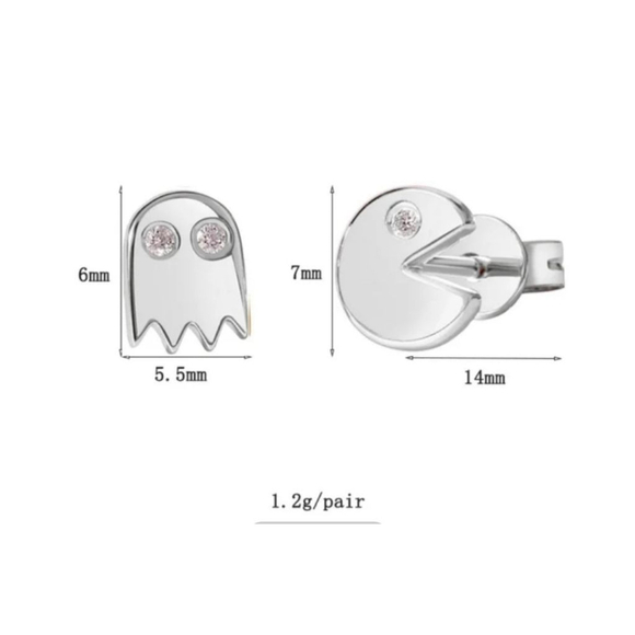 NEW Mismatch‎ 14k White Gold Diamond Accent Pac-Man and Ghost Stud Earrings - Picture 4 of 9